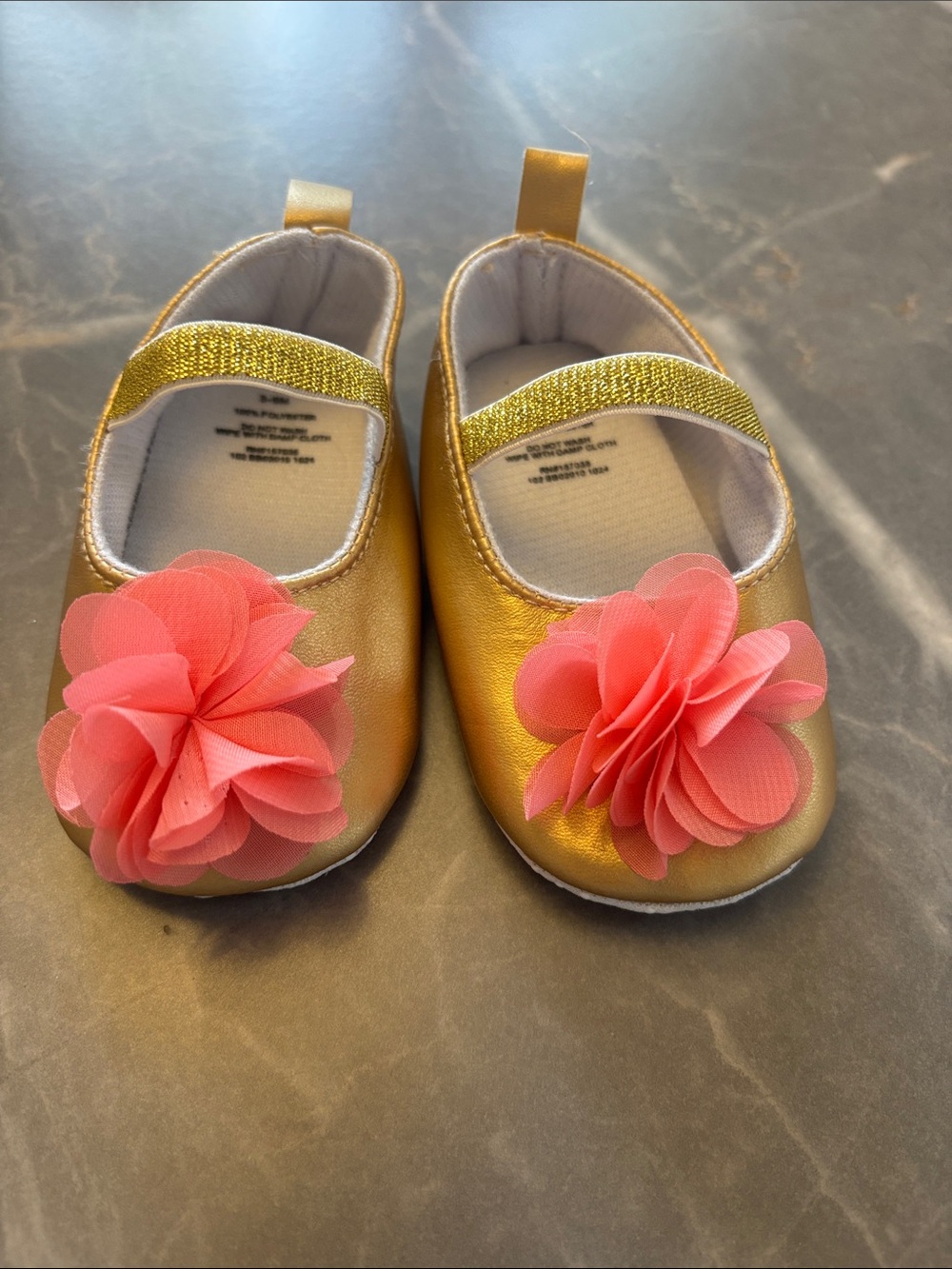 Baby Girl Gold Mary Jane Shoes with Pink Flower Accent